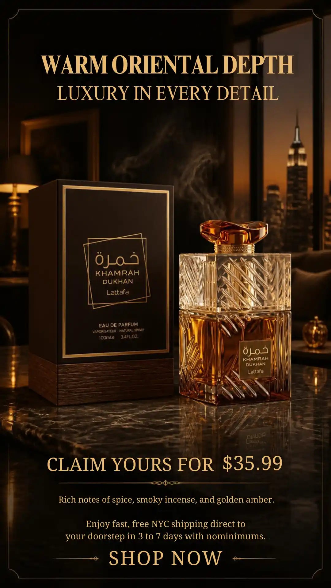 Lattafa Khamrah Dukhan EDP spray bottle with matching box, amber-colored glass