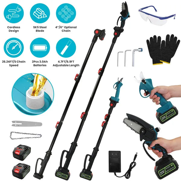 Long cordless electric pole saw and pruning shears being used to trim high tree branches with 7 adjustable head angles