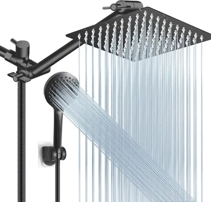Matte black 8 in rain shower head with handheld sprayer and hose