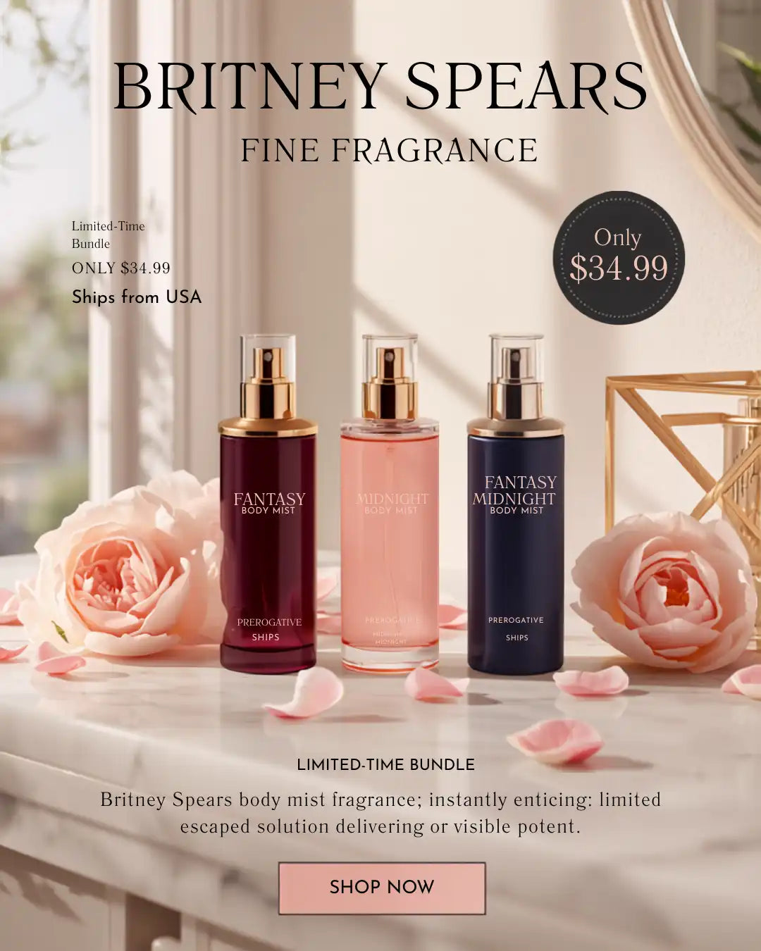 Britney Spears Fine Fragrance limited-time body mist bundle featuring three bottles: Fantasy Body Mist in deep burgundy, Fantasy Midnight Body Mist in soft pink, and Premature 500 in dark navy, styled with pink roses on a marble surface.