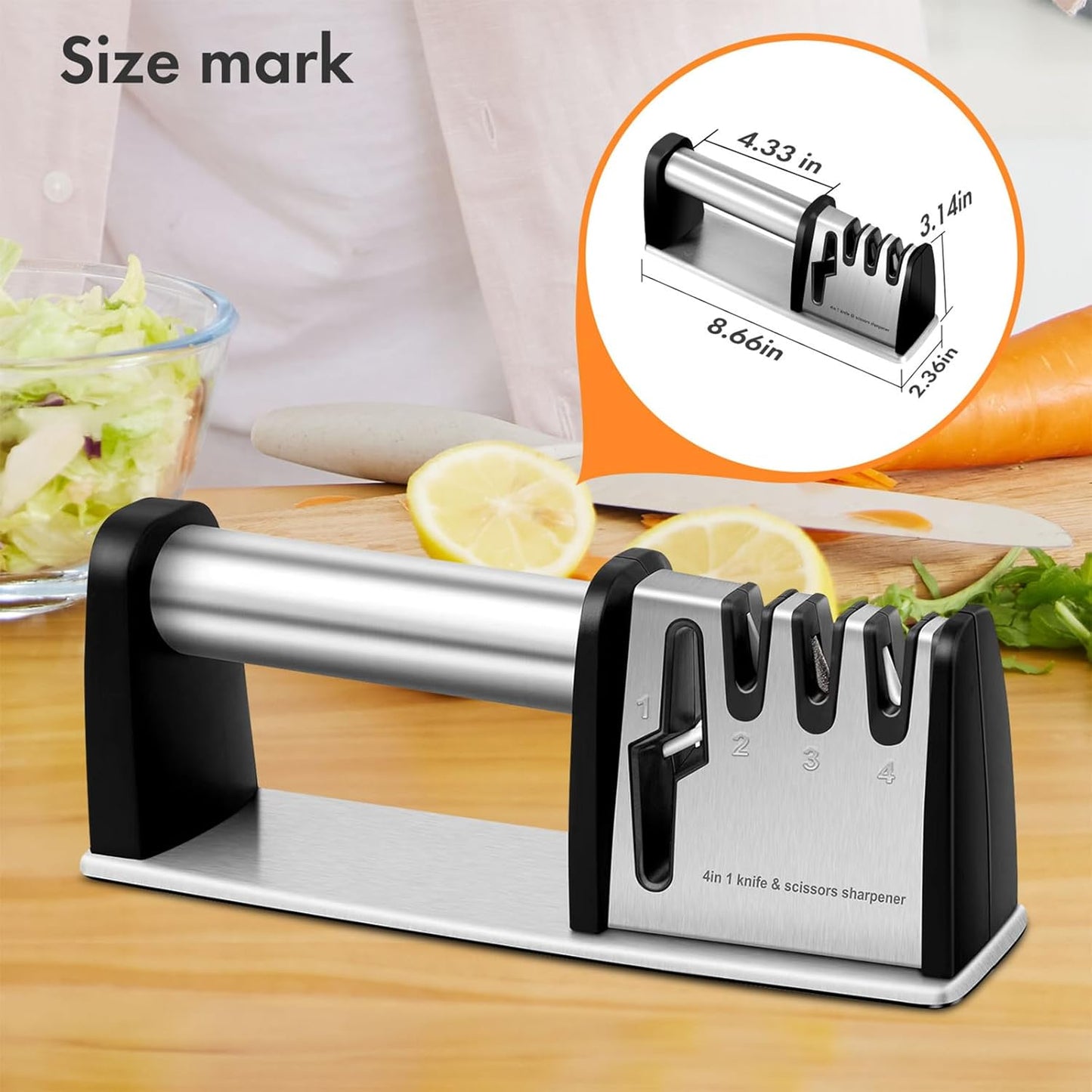 Manual 4-stage kitchen knife sharpener in black and silver, showing a hand holding the ergonomic handle while sharpening a stainless steel chef's knife