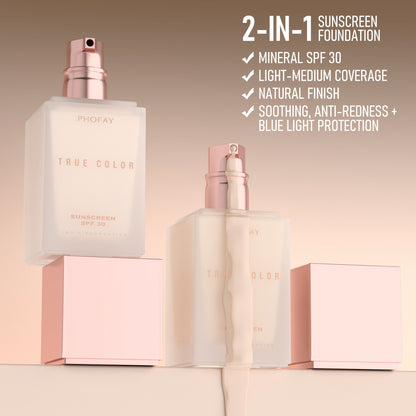 Matte liquid sunscreen foundation SPF 30 in True Color packaging, matte finish