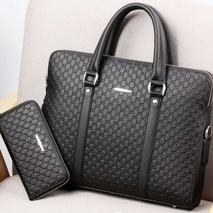 Black embossed letter pattern briefcase with double handles and front zip pocket