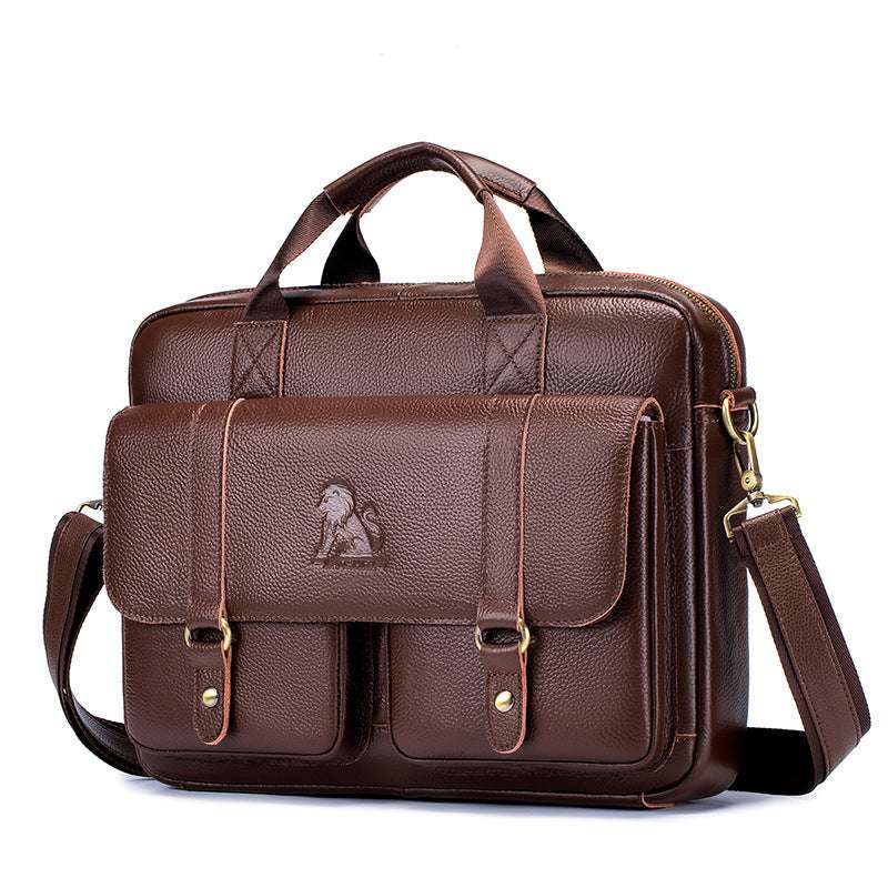 Dark brown leather business briefcase with front flap, buckle straps, and gold-tone hardware