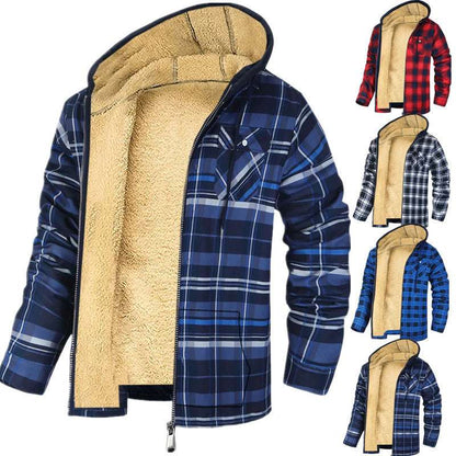 Plaid jacket with beige fleece lining shown from multiple angles on a white background