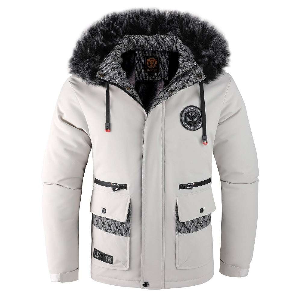 White winter jacket with black fur hood 