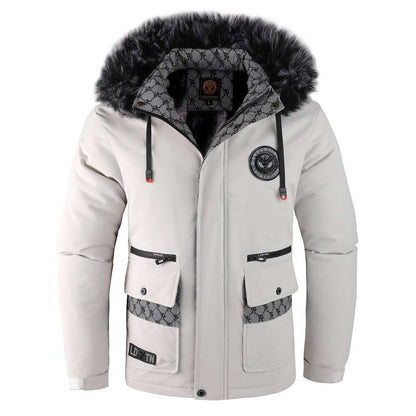 White winter jacket with black fur hood 