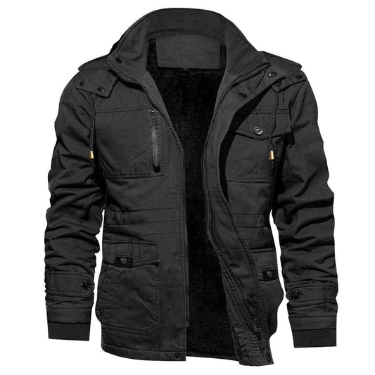 Black jacket with multiple pockets and zippers on a white background