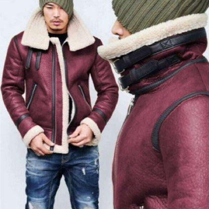 Maroon leather flight jacket with shearling collar, zip front, and ribbed cuffs