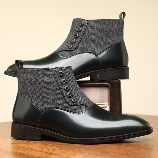 Black leather shoes with gray textured panels on a wooden surface