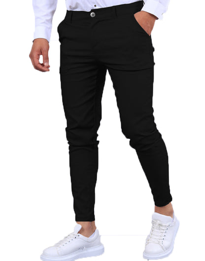 Men's slim-fit black stretch trousers with button waistband and tapered legs