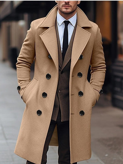 Men's long double-breasted wool coat, tan with notch lapels and dark buttons