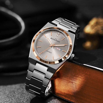 Stainless steel luminous men's wrist watch with light dial, rose-gold bezel, metal bracelet