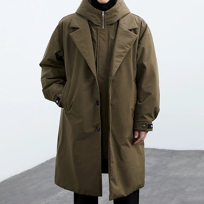 Men’s mid-length hooded trench coat in army green, double-breasted button front
