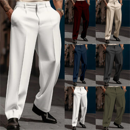 Men's straight-leg suit pants in white, flat front, belt loops, ankle-length hems