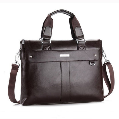 Brown leather briefcase messenger bag with front organizer panel and metal buckle details