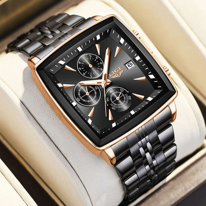 Square dial wristwatch with black face, rose-gold bezel, and black metal bracelet