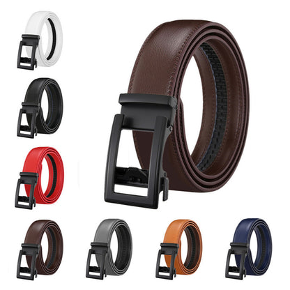 Men's Leather Belt Automatic Buckle Two-layer Cowhide Hollow in various colors and styles.