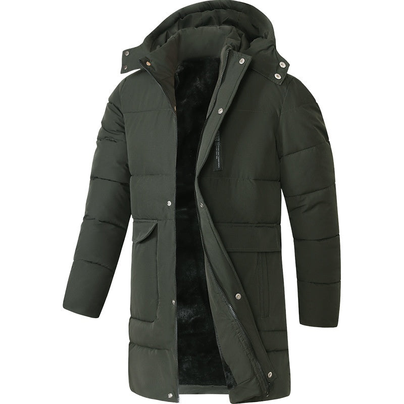 Men's Long Fleece-Lined Coat - Thickened & Cotton-Padded

