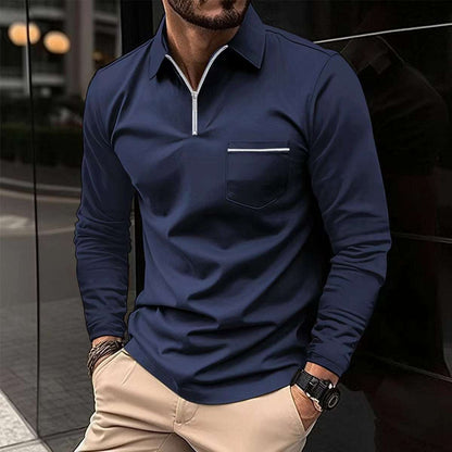 Long-sleeve sports polo shirt, dark navy quarter-zip with chest pocket