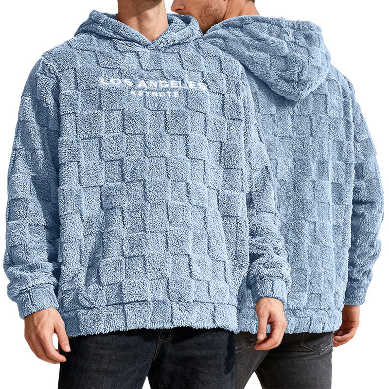 Blue textured hoodie with 'Los Angeles' text on a white background