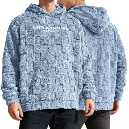Blue textured hoodie with 'Los Angeles' text on a white background