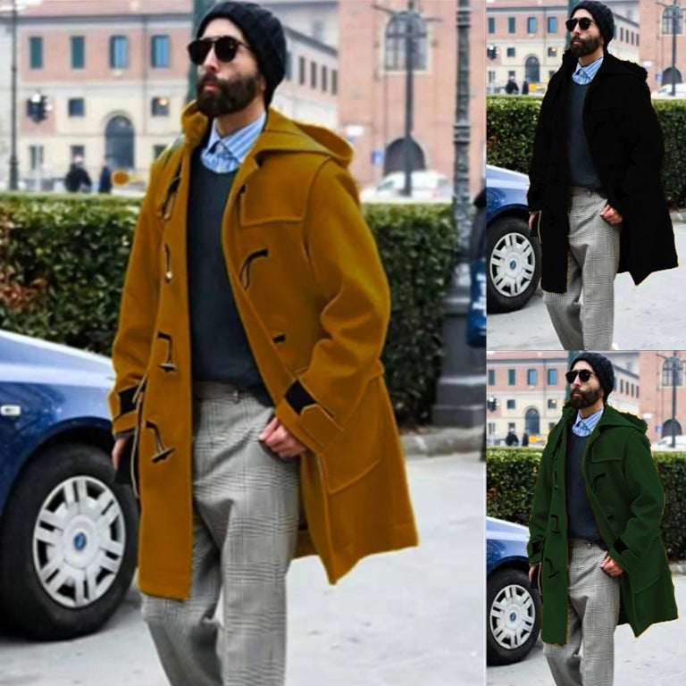Retro Horn Button Hooded Woolen Trench Coat Men