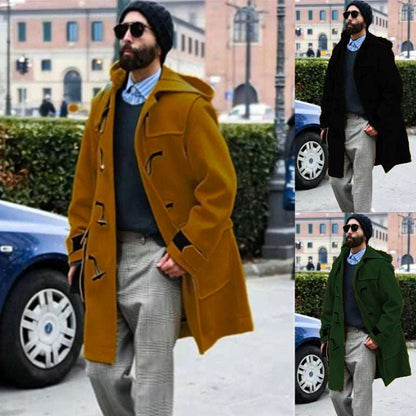 Men’s hooded wool trench coat in ginger yellow with horn-style buttons and chest flap pockets.