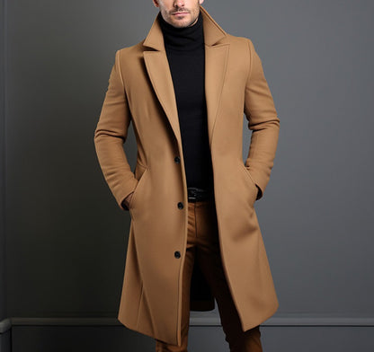 Mid-length trench coat with notched lapels and button front, long sleeves, camel color.