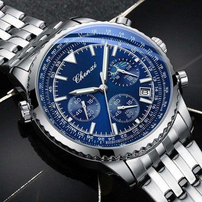 Men's stainless steel chronograph watch with blue dial and silver metal bracelet