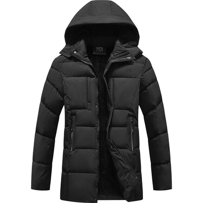 Black puffer jacket with a hood on a white background