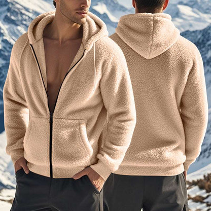 Khaki sherpa fleece zip hoodie with front pockets