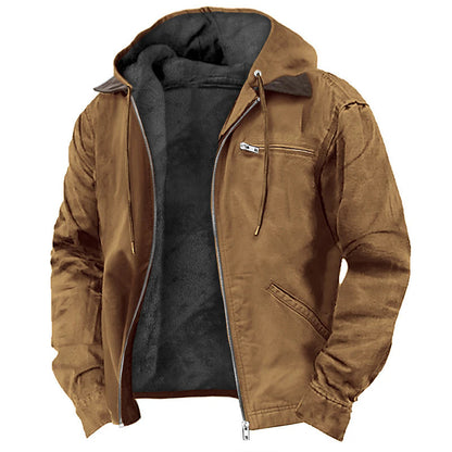 Men’s hooded fleece zip-up jacket in tan/brown with black inner hood and front pockets.