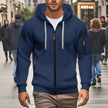 Men's zip-up hooded sweatshirt in navy blue with drawstring hood and side zip pockets