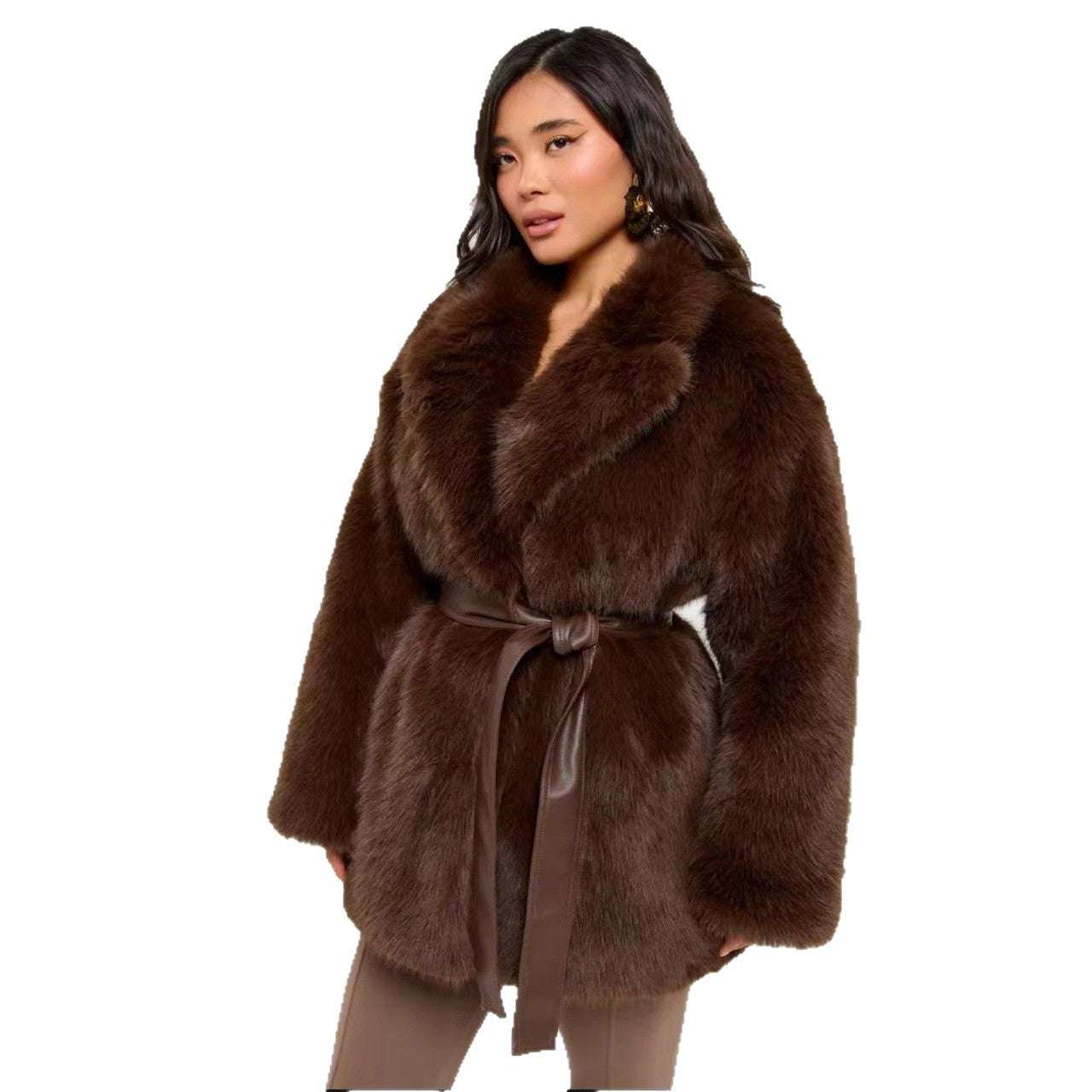 Mid-length faux wool coat in dark brown with shawl collar and tied waist belt