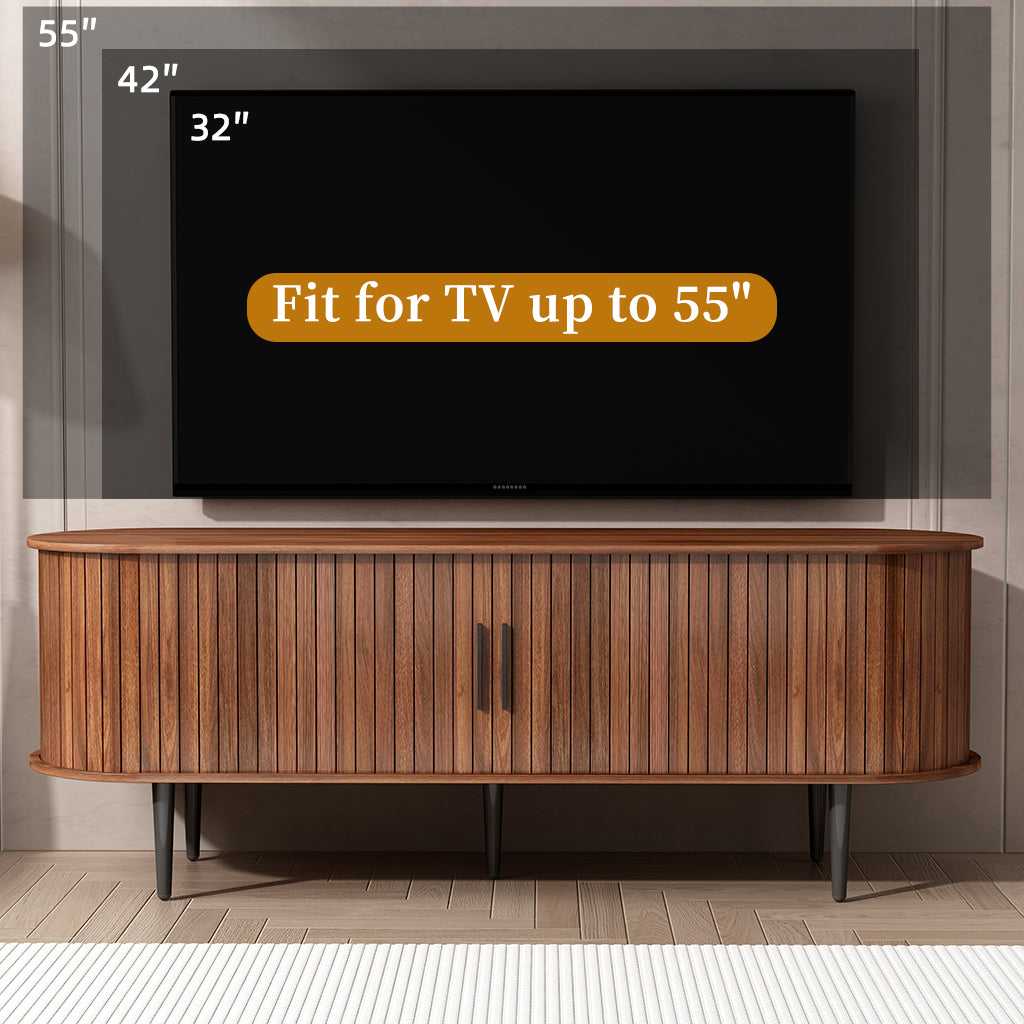 Walnut TV stand with sliding door and vertical wood-grain panels, black legs