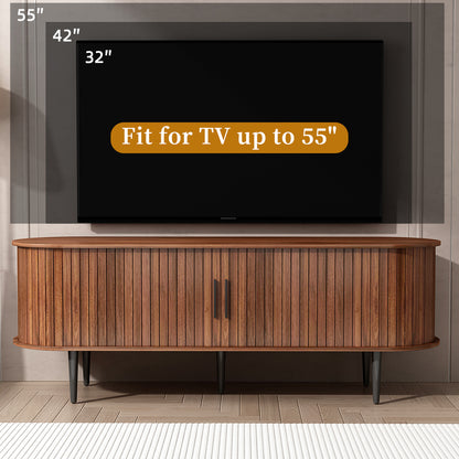 Walnut TV stand with sliding door, rounded corners, black legs