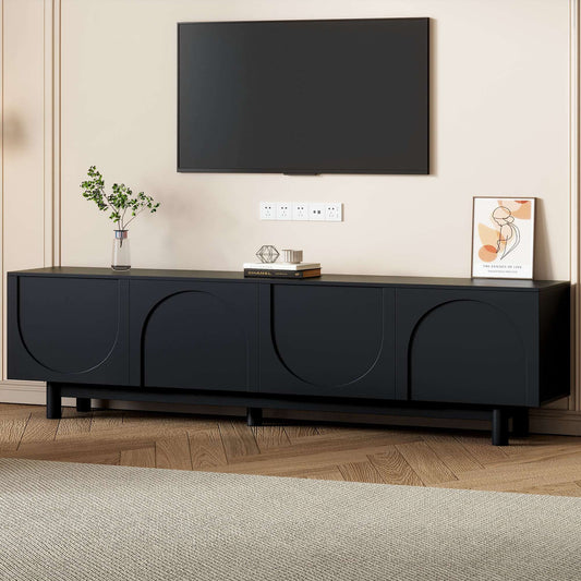 Minimalist black 78-inch TV stand with elegant arched cabinet doors and natural solid wood legs in a modern living room