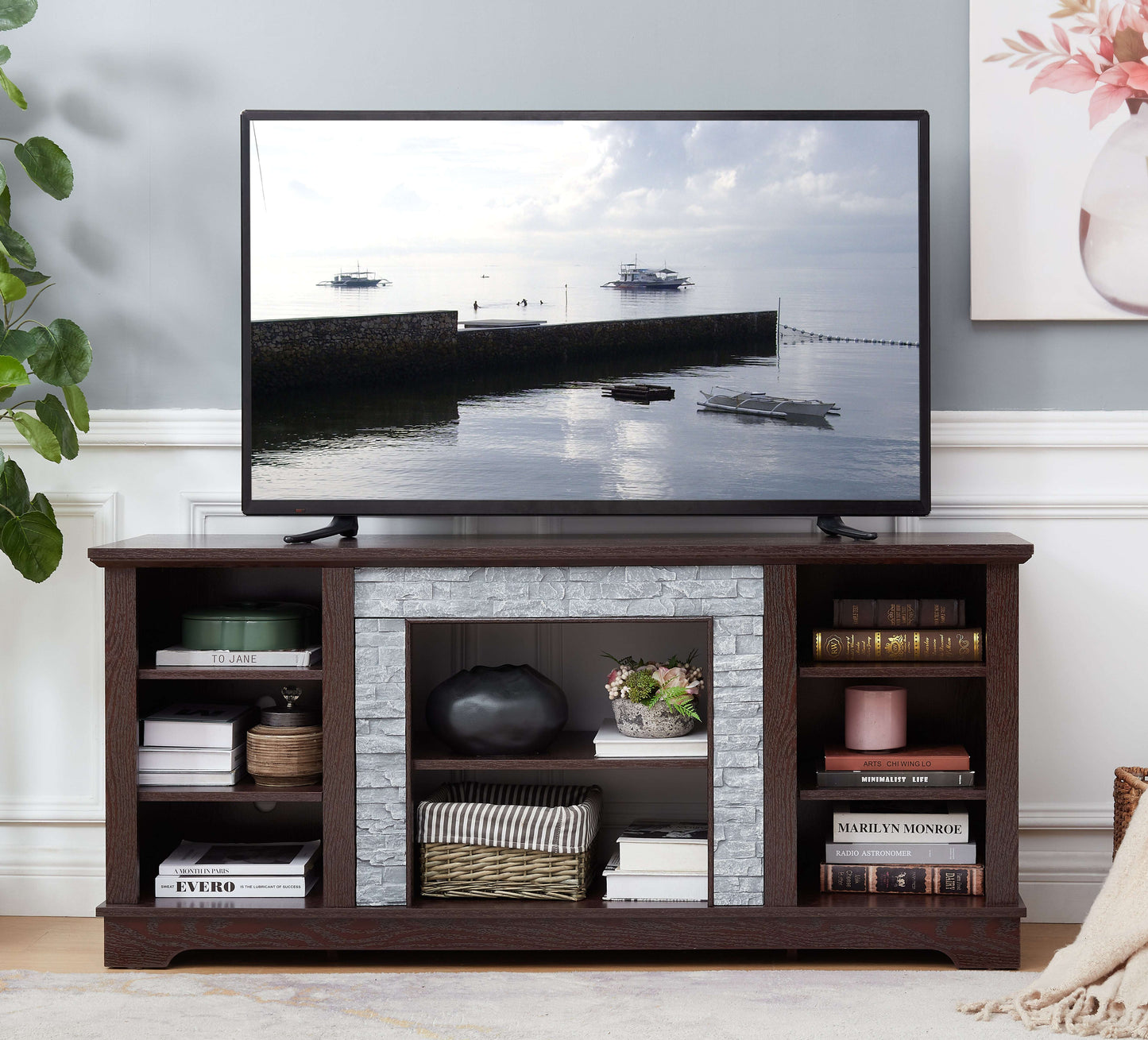 Cherry TV stand with faux stacked stone surround, open media shelves