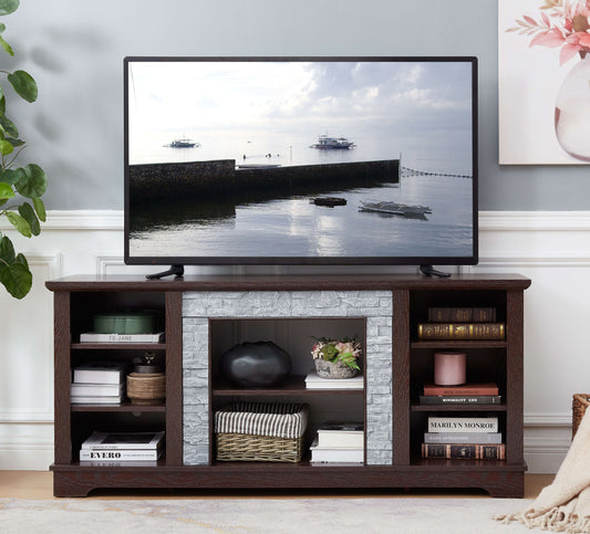 Modern 58-inch cherry wood TV console featuring a decorative faux stacked stone accent and open storage compartments for media devices.