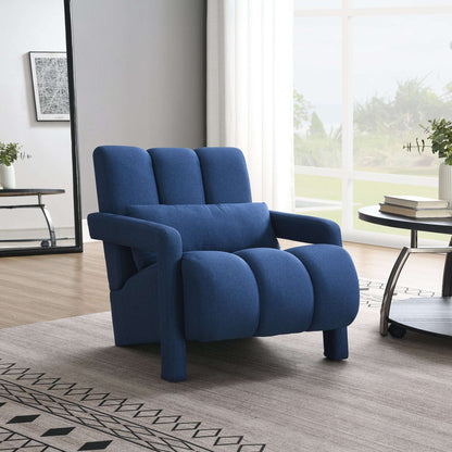 Dark blue upholstered accent chair with matching back and seat cushions