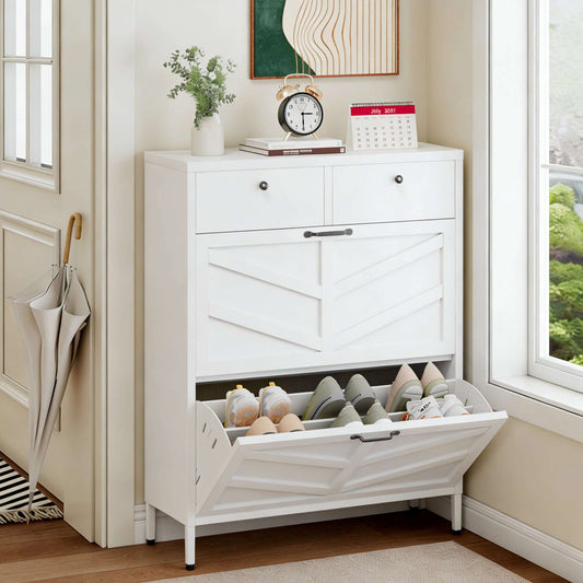 Modern slim white freestanding shoe cabinet with two flip-down drawers and two small top drawers for entryway organization.
