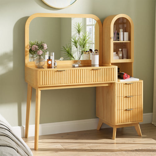 Natural Fluted Makeup Vanity with 32