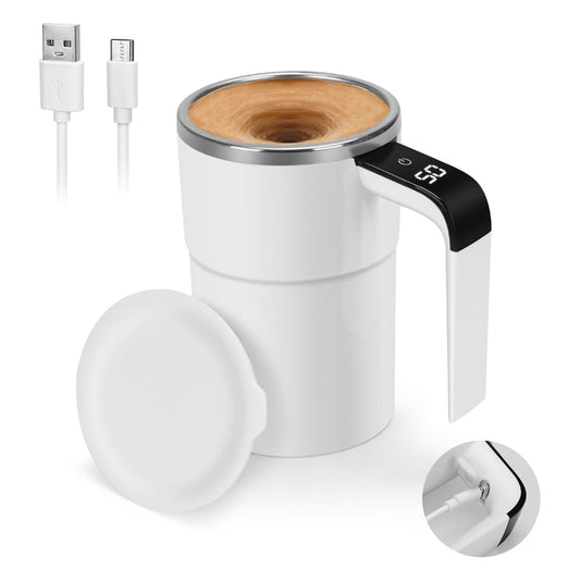 Modern self-stirring coffee mug on a wooden office desk, showing the LED screen displaying the temperature while the coffee inside is being mixed automatically