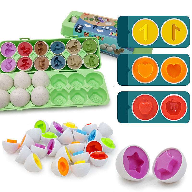 Colorful egg-shaped molds with various shapes and a green carrying case on a white background.