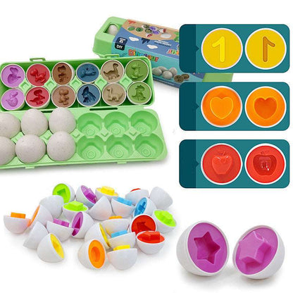 Colorful egg-shaped molds with various shapes and a green carrying case on a white background.