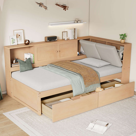 Natural wood twin-size L-shaped corner daybed featuring a storage bookcase, two under-bed drawers, and a gray upholstered headboard with USB ports.