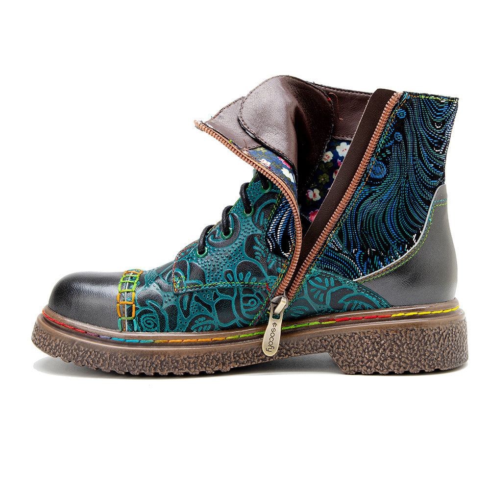 New Leather Hand Painted Printed Flat Boots Women's Shoes | Ectron Online