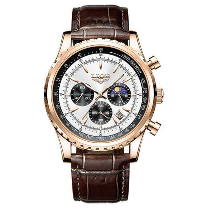 Rose-gold multifunction waterproof watch with white dial and brown leather strap