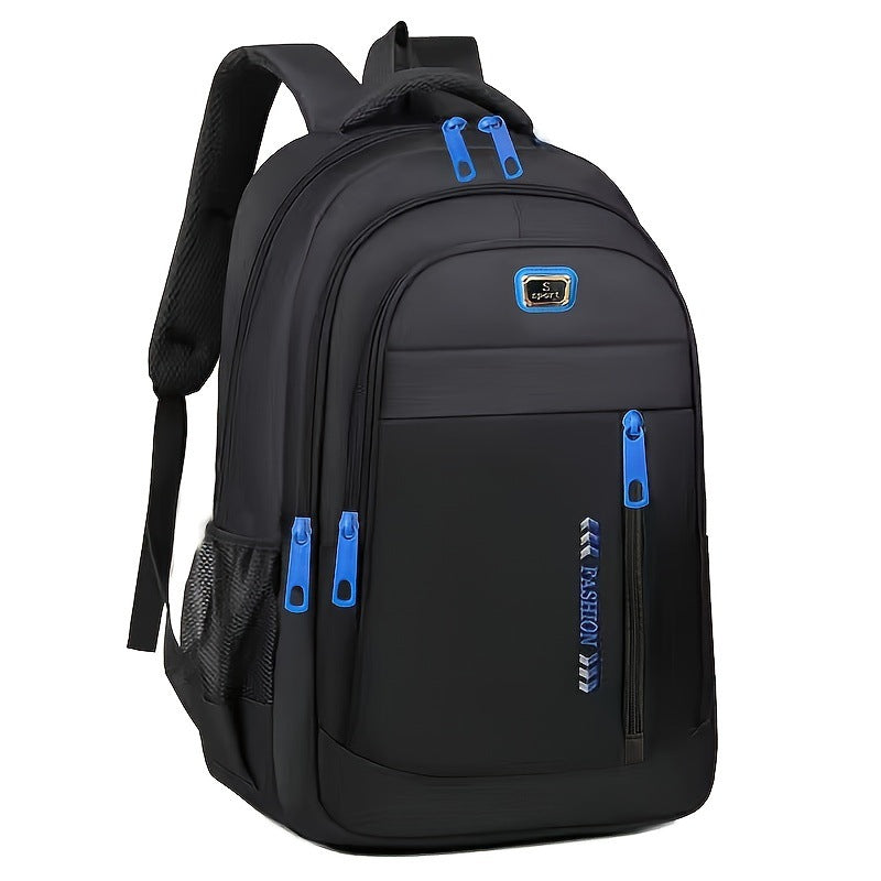 Black waterproof backpack with blue zipper accents, front pocket panel, and mesh side